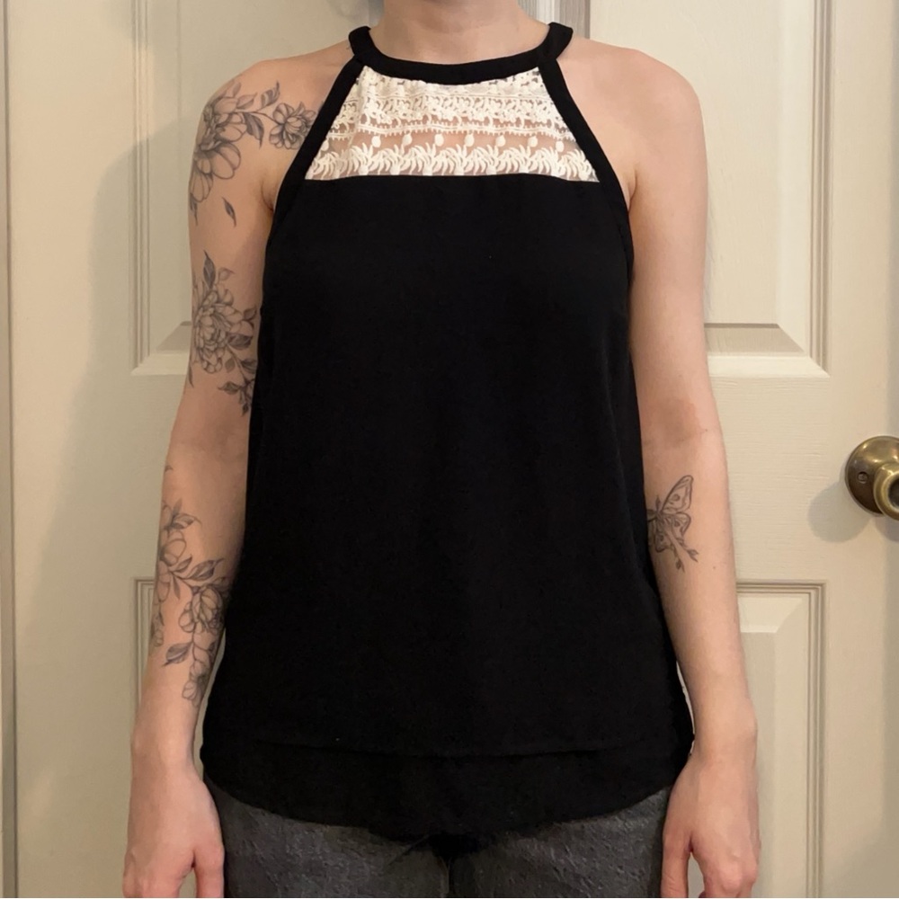 Black Halter Flowy Top with Lace Details